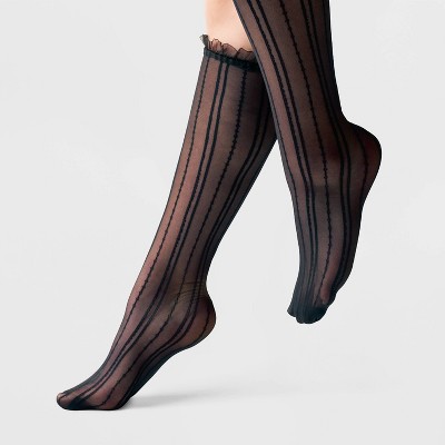 Women's Striped Sheer Knee Highs with Ruffle Trim - A New Day™ Black 4-10: Nylon Spandex Knit Stockings