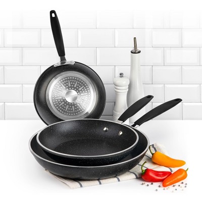 Black Aluminum Nonstick 3-Piece Frying Pan Set with Rubber Handles