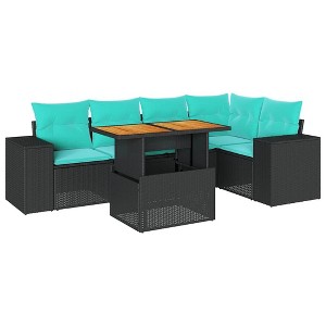 vidaXL Patio Sofa Set with Cushions Table and Sofa Sections 6 Piece Poly Rattan - Black - 1 of 4