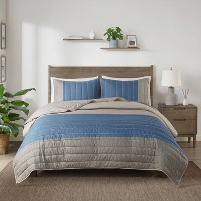 King Blue and Taupe Reversible Microfiber Quilt Set