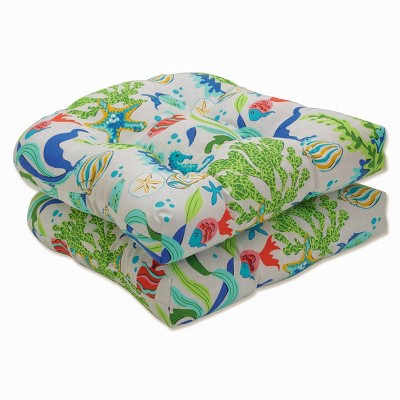 Set of 2 Outdoor/Indoor Wicker Seat Cushions Coral Bay Blue - Pillow Perfect