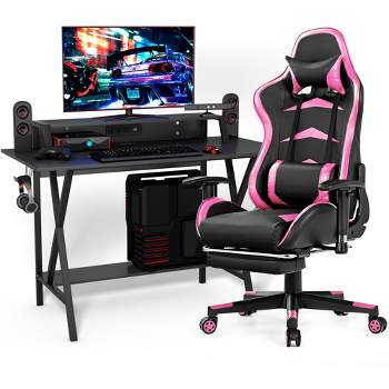 Costway Gaming Desk&Massage Gaming Chair Set w/ Footrest Monitor Shelf Power Strip Pink
