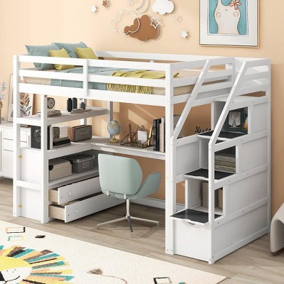 Streamdale Twin Size Loft Bed with Desk and Shelves, Two Built-in Drawers, Storage Staircase, White