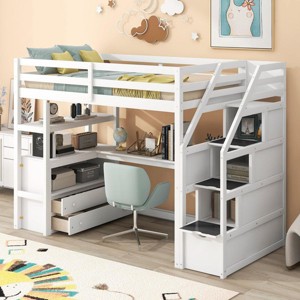Streamdale Twin Size Loft Bed with Desk and Shelves, Two Built-in Drawers, Storage Staircase, White - 1 of 4