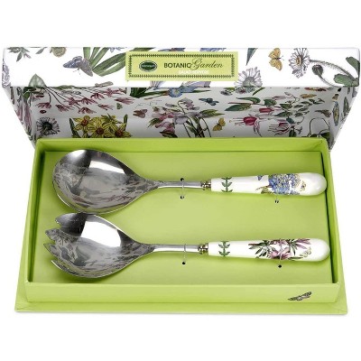 Portmeirion Botanic Garden Set of 2 Salad Servers, 10 Inch Salad Serving Set, Azalea and African Lily Motifs, Made from Stainless Steel and Porcelain