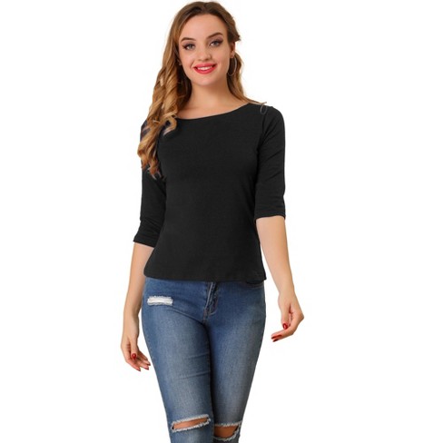 Essentials Womens Slim-Fit 34 Sleeve Solid Boat Neck T-Shirt, Black, X-Large