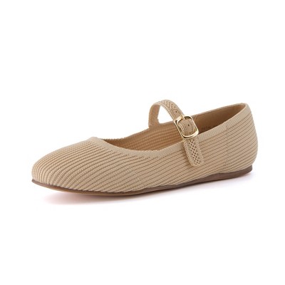 CUSHIONAIRE Women's Petal Mary Jane Knit Flat – Stretchy Textured Fabric, Adjustable Strap, Memory Foam, Available in Wide Widths