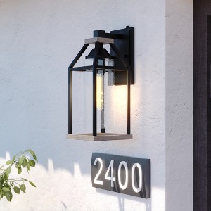 VAXCEL Napier 6.25-in Black and Wood Outdoor Farmhouse Wall Lantern, Dusk to Dawn Photocell, 1-Light Wall Lamp Sconce, Clear Seeded Glass - 1 of 4