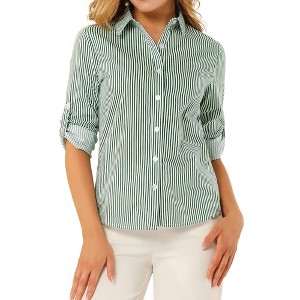 INSPIRE CHIC Women's Striped Button Down Roll-up Long Sleeves Point Collar Shirt - 1 of 4