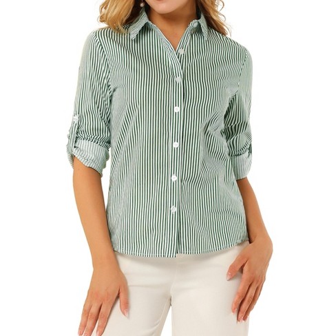 Allegra K Women's Striped Button Down Roll-up Long Sleeves Point Collar  Shirt Green X-Large