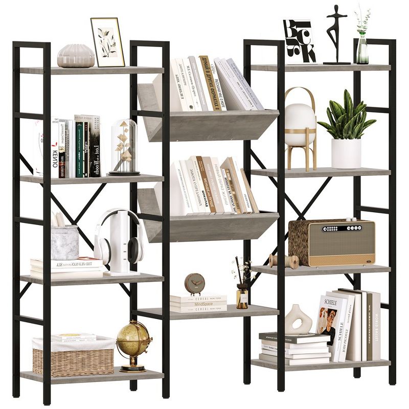4 Tier Bookshelf, Industrial Bookcase with Storage, Open Large Metal Frame Display Shelves for Living Room, Bedroom, Home Office-Grey, 1 of 8
