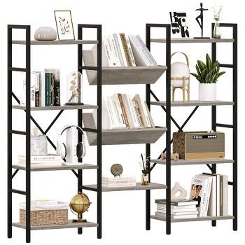 4 Tier Bookshelf, Industrial Bookcase with Storage, Open Large Metal Frame Display Shelves for Living Room, Bedroom, Home Office-Grey