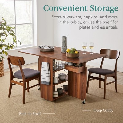 Brown Multipurpose Folding Table with Wheels and Storage Shelves