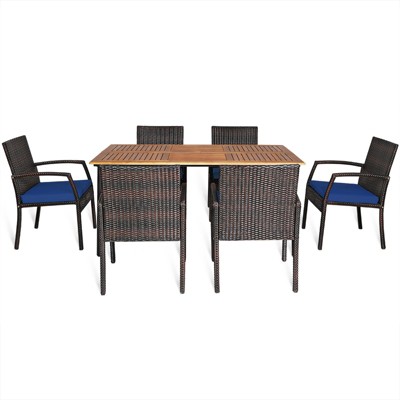Tangkula 7- Piece Patio Dining Furniture Set Acacia Wood and Wicker Dining Table Armchairs Navy/Red/White/Turquoise