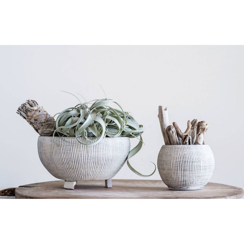 Small Footed Terracotta Planter with Fluted Texture Distressed Cream - Storied Home, 3 of 7