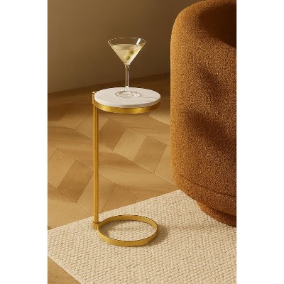 C Shaped Martini Drink Round Table with Black or Gold Metal Base, Carrara Marble top