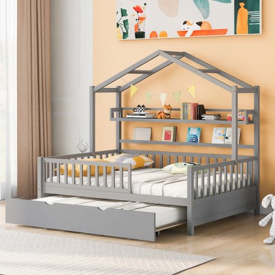 Kids Bed with Roof, Sturdy Solid Frame, Storage Shelves, Space-Saving Trundle Bed, Semi-Enclosed Design for Sleep & Play-Maison Boucle