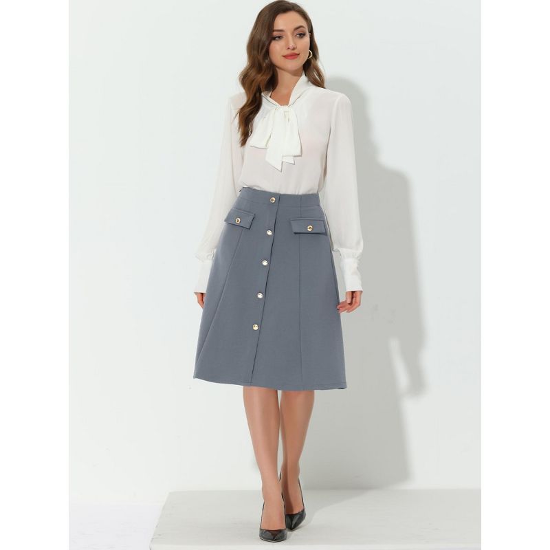 Allegra K Women's Button Decor Work A-Line Formal Knee Length Skirt, 3 of 7