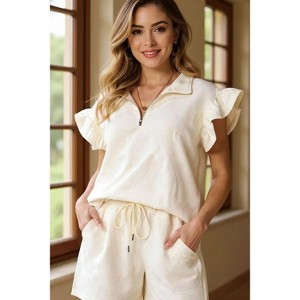 I am a Fashion junky Double Take Full Size Texture Flounce Sleeve Top and Drawstring Shorts Set - 1 of 4