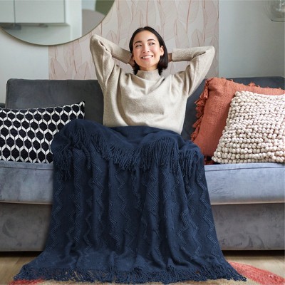 Navy Blue Knitted Fleece Reversible Throw Blanket