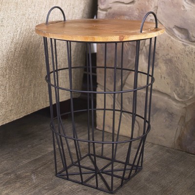 Lakeside Metal Storage Basket Side Table with Carrying Handles and Wooden Lid