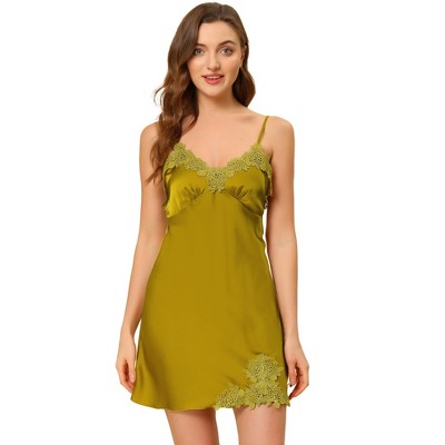 Allegra K Women's Satin Nightgowns V-Neck Lace Cami Mini Pajama Dress  Yellow X-Small