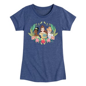 Girls' - Disney Princess - Tiana Belle and Cinderella with Florals Fitted Short Sleeve Graphic T-Shirt - 1 of 4