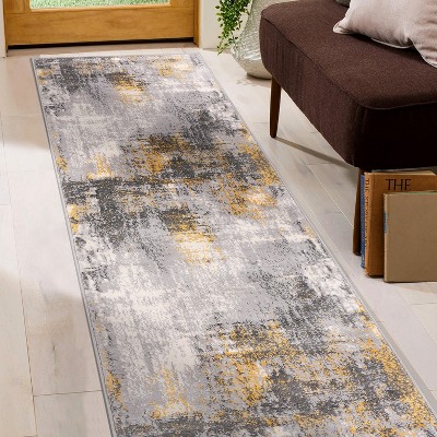 Yellow and Gray Abstract Synthetic Runner Rug 2' x 7'