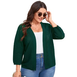 Plus Size Open Front Knit Cardigan 3/4 Sleeve Lightweight Breathable Casual Sweater Cardigan - 1 of 4
