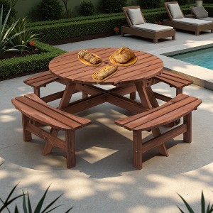 8-Person Outdoor Patio Fir Wood Round Picnic Dining Set with 4 Built-in Benches and Umbrella Hole - 1 of 4