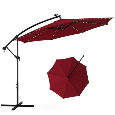 Tangkula 10FT Solar Offset Umbrella Tilted Cantilever Hanging Umbrella with 112 LED Lights Patio Sun Shade with Crank Handle Beige/Coffee/Navy/Wine