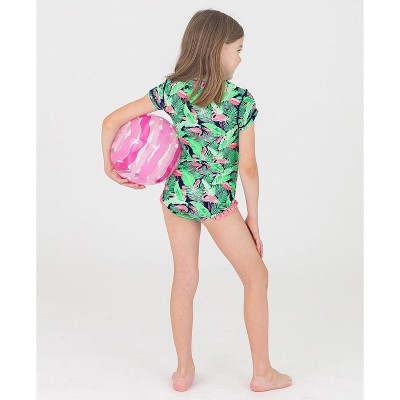 RuffleButts Toddler Girls Short Sleeve UPF50+ One Piece Rash Guard - Flamingo Frenzy, 4T — фото 4
