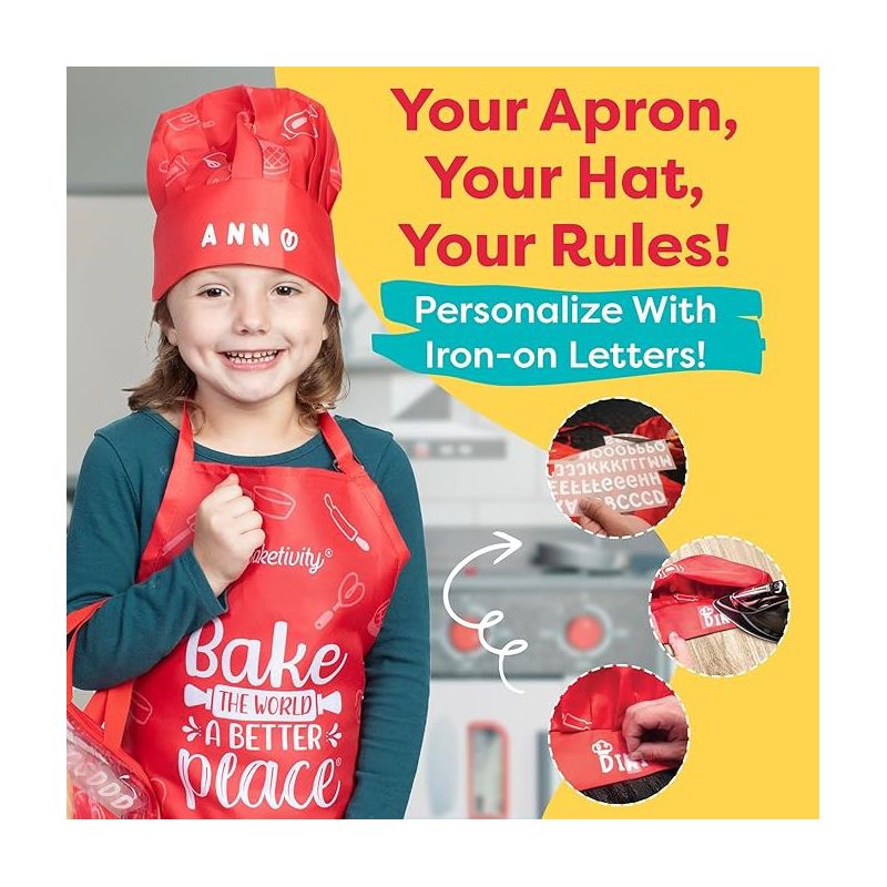 Baketivity Kids Chef Hat and Apron Set for Boys & Girls - One Size Fits All (Adjustable) - Premium, Washable Kids Apron and Chef Hat Set for Cooking, 4 of 8