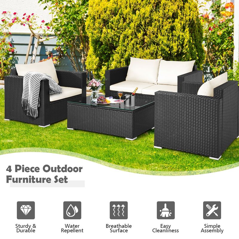 Costway 4PCS Patio Rattan Furniture Set Cushioned Sofa Chair Coffee Table Off White, 5 of 10