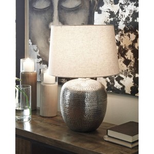 Magalie Metal Table Lamp Antique Silver - Signature Design by Ashley: Hammered Aluminum, Urban Style, Off-White Drum Shade - 1 of 3