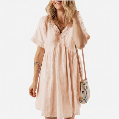 Amaryllis Women's Boho Babydoll Dress Short Sleeve V-Neck Embroidered Trim Flowy A-Line Mini Dress Casual Style