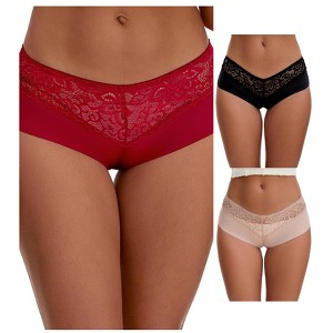 INSPIRE CHIC Women's Lace Ice Silk Hollow Out Mid Rise Comfort Boyshorts  Briefs 3 Packs - 1 of 4
