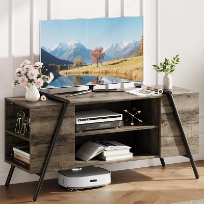 TV Stand with Slanted Metal Legs, Industrial Media Console with Adjustable Open Shelves, Wooden Entertainment Center Television Stand