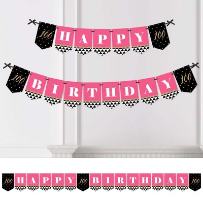 Big Dot of Happiness Chic 100th Birthday - Pink, Black and Gold - Birthday Party Bunting Banner - 100th Party Decorations - Happy Birthday