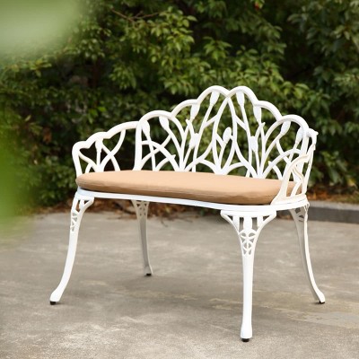 Cast Aluminum Outdoor Garden Bench,Patio Bench with Tulip Backrest,Decorative Outdoor Bench with Cushion,Metal Bench for Porch Lawn Yard-The Pop Home