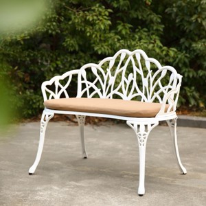 Cast Aluminum Outdoor Garden Bench,Patio Bench with Tulip Backrest,Decorative Outdoor Bench with Cushion,Metal Bench for Porch Lawn Yard-The Pop Home - 1 of 4