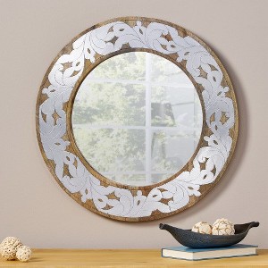 Wall-Mounted Mirror, Aluminum Round Mirror With Mango Wood Frame & Stainless Steel Edges For Living Room, Bathroom Home Office Wall Decoration - 1 of 4