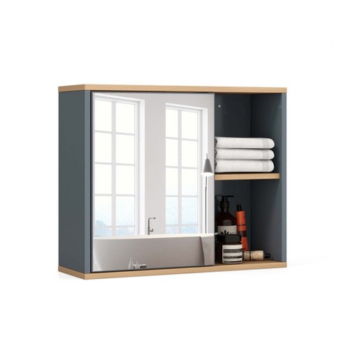 Basicwise Wall Mount Bathroom Mirrored Storage Cabinet With Open Shelf