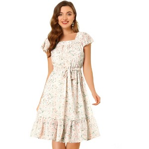 Allegra K Women's Flutter Sleeve Belted Square Neck Floral Chiffon Ruffle Dress - 1 of 4