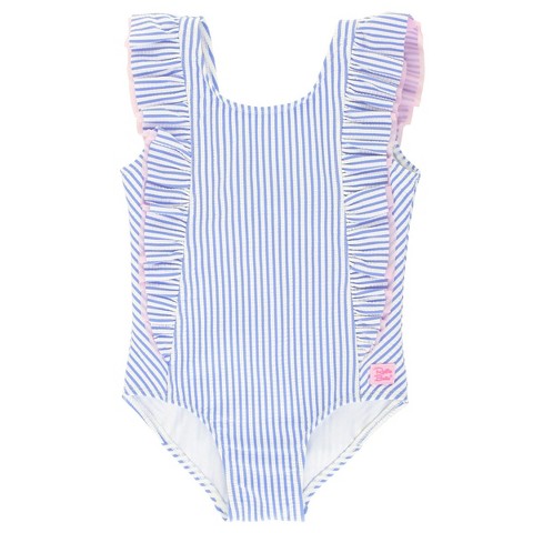 RuffleButts Baby/Toddler Girls UPF50+ Seersucker Waterfall One Piece Swimsuit - Periwinkle Blue, 5