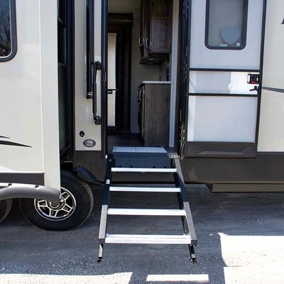 MORryde StepAbove Adjustable 31.5 to 37 Inch 3 Step Portable RV Camper Solid Entry Stairs with Strut Assist for 26 Inch Wide Doorways