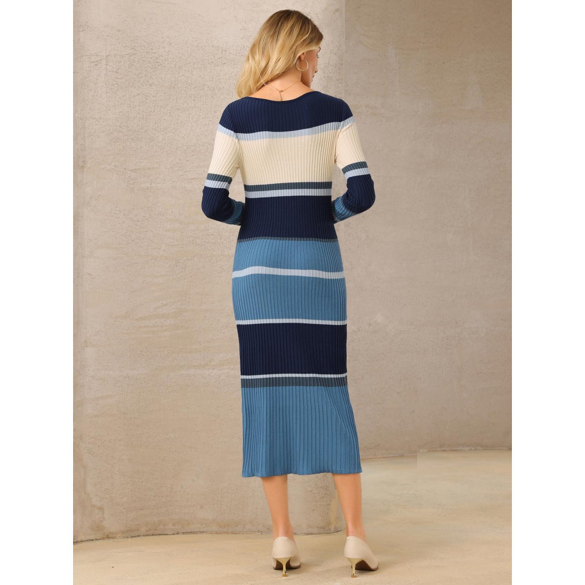Женские платья INSPIRE CHIC Women's Striped Long Sleeve Casual Work Ribbed Knit Bodycon Sweater Dress Khaki Small 2 Packs Grey Blue/Fushcia Medium — фото 5