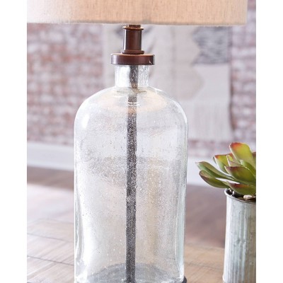 Bronze and Clear Glass Table Lamp with Beige Drum Shade