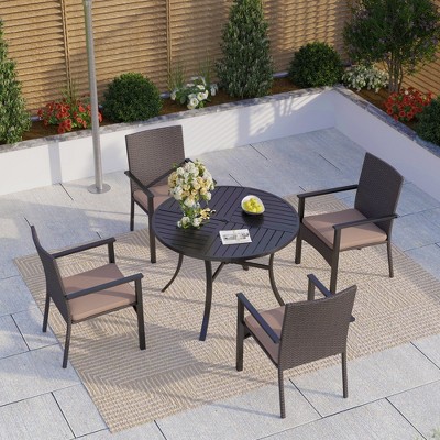 Captiva Designs 5pc Patio Slat-top Round Steel Dining Table & Rattan Chairs with Removable Cushions