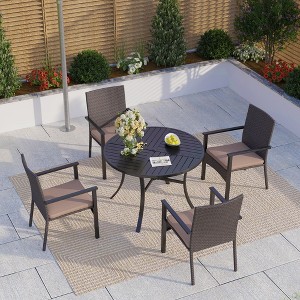 Captiva Designs 5pc Patio Slat-top Round Steel Dining Table & Rattan Chairs with Removable Cushions - 1 of 4
